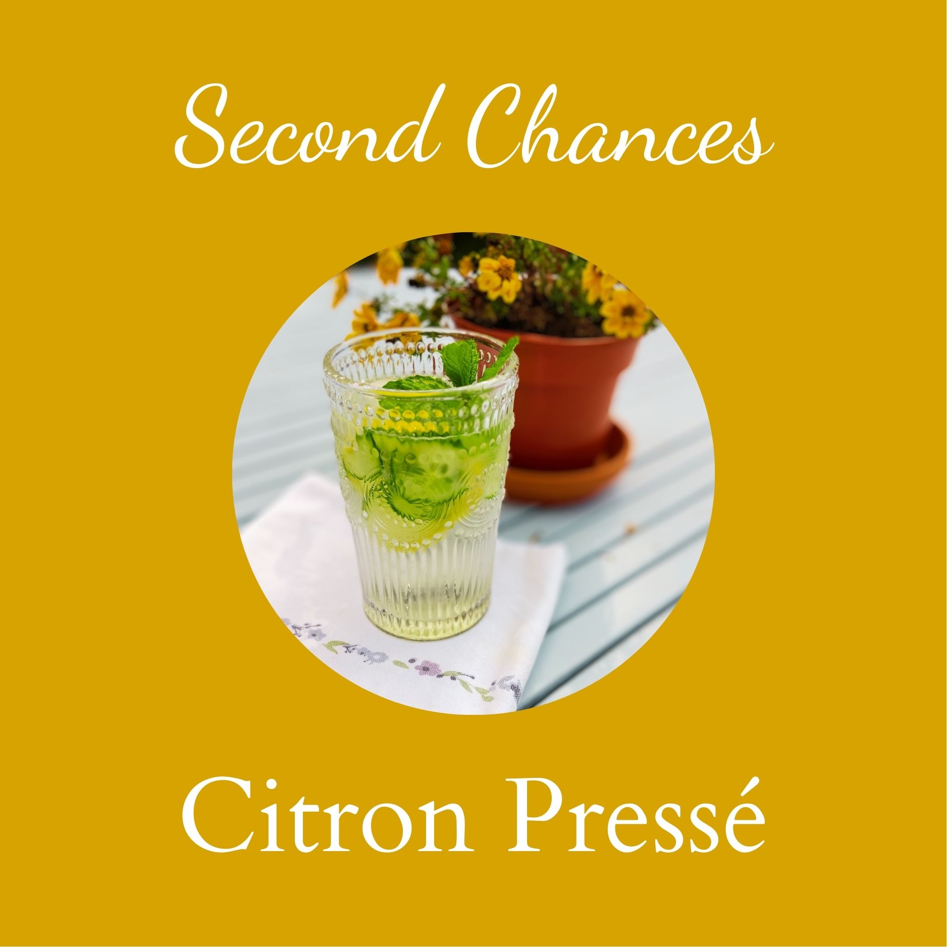 Image of Citron Presse in a glass on a yellow background and text 'Second Chances Citron Presse'